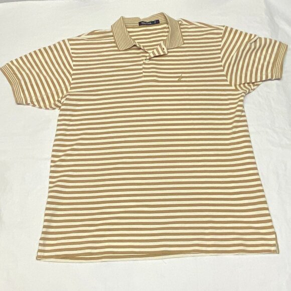 Nautica Short Sleeve Horizonal Stripe Striped Bands 2 Button Polo Shirt Gold L - Picture 7 of 11